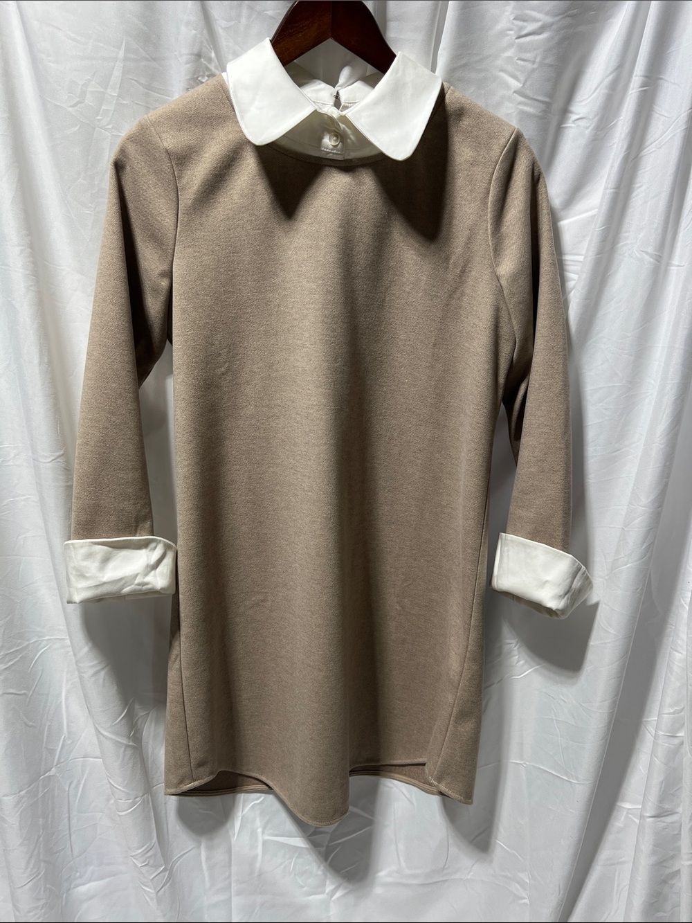 Tuckernuck Taupe Shift Dress with White Collar and Cuffs